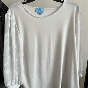 CeCe Creamy White Blouse with Textured Sheer Sleeves